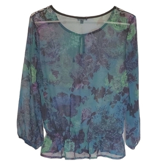 1201 * Lily Rose Floral Sheer Blouse Blue Green Size L - Picture 2 of 10